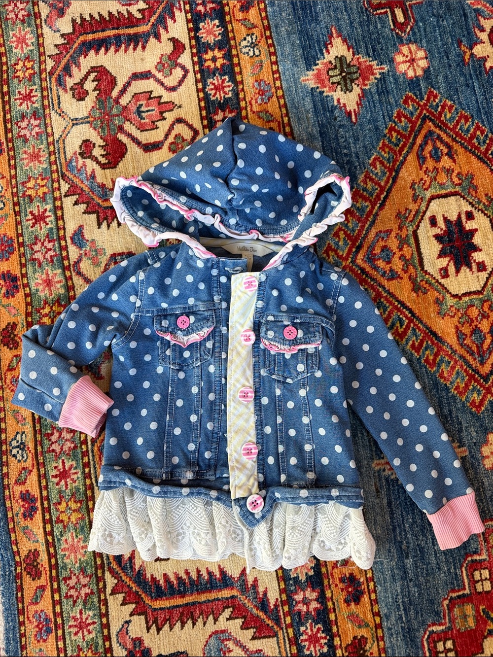 Matilda Jane Blue Polka Dot Hooded Denim Jacket with Pink Accents